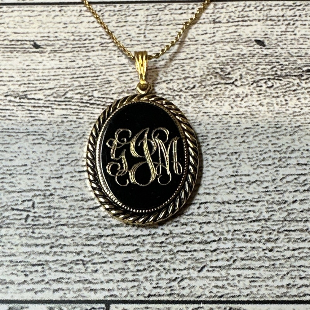 Gold Tone Monogram Necklace Black‎ 1" Pendant w/ Gold Letters 18" Vintage